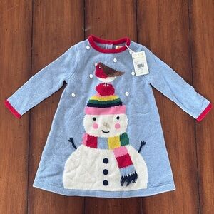 Mini Boden, baby Boden holiday dress 9-12 month NWT featuring a snowman, robin